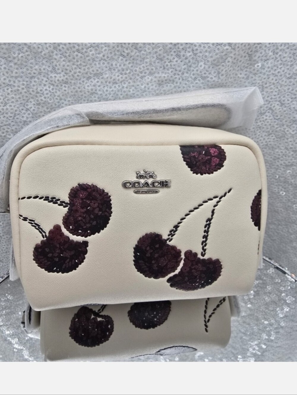 Coach Wristlet Pouch With Sequined Cherry Print Leather